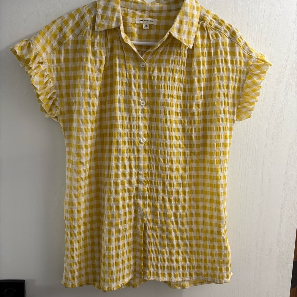 Max Studio Yellow Women’s Plaid Front Button Blouse Top Flutter Sleeve